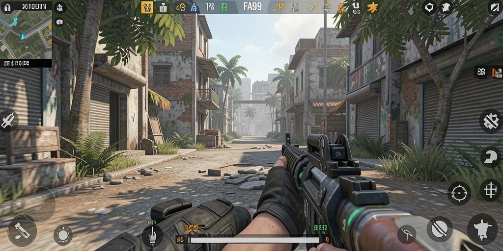 Screenshot dari gameplay FA99 yang menunjukkan aksi seru dalam pertempuran TPS.