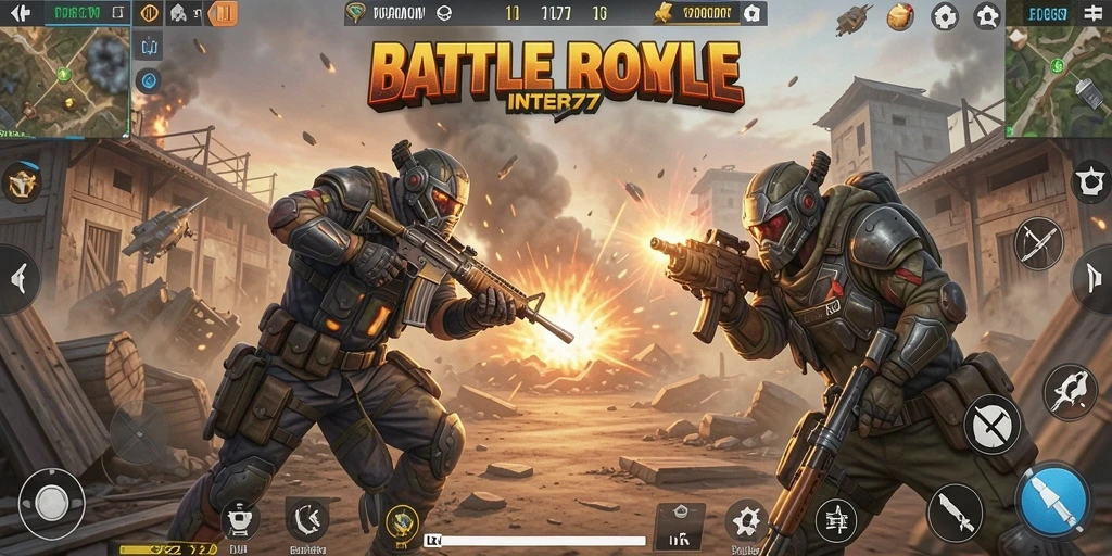 Screenshot INTER77 menampilkan aksi intens dalam pertempuran Battle Royale.
