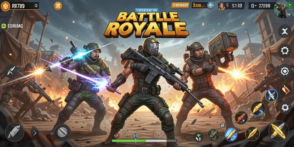 Tangkapan layar gameplay RR789 menampilkan pertempuran seru di arena Battle Royale.